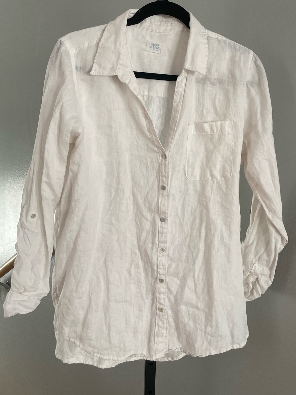 Sigrid Olsen White 100% Linen Button Up Mother of Pearl Buttons Size Medium